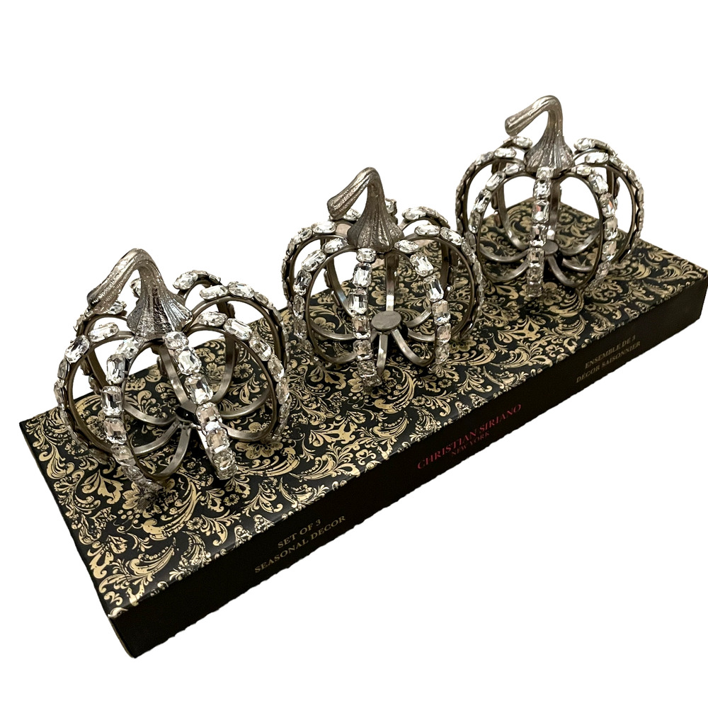 Christian Siriano Crystal Jeweled Metal Pumpkins Set of 3 Silver Halloween GLAM - Picture 4 of 13